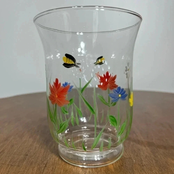 Beautiful, hand-painted, floral, clear candleholder - Picture 1 of 6